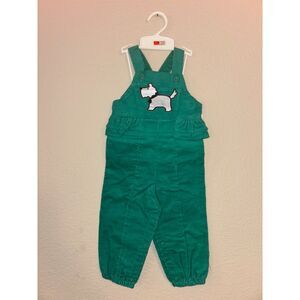 Vintage McKids green corduroy overalls with a dog applique 18 months